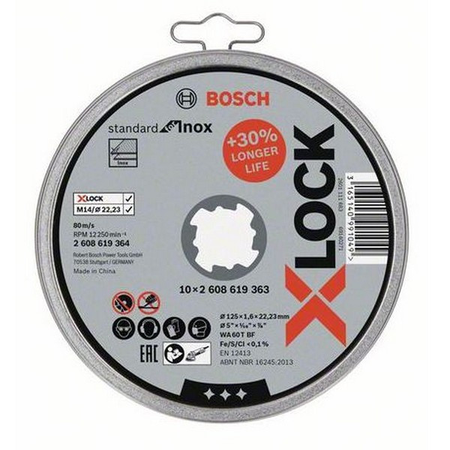 Boîte de 10 disques à tronçonner X-LOCK Standard pour Inox 125 x 1,6 mm T41 - BOSCH - 2608619364