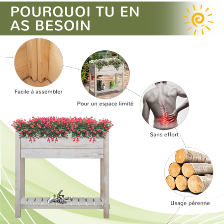 Jardinière sur pieds potager bois sapin blanc effet vieilli