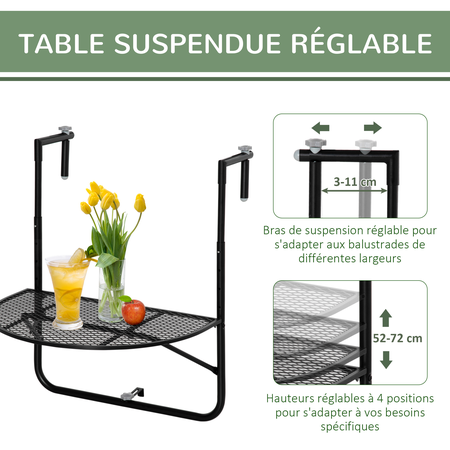 Table suspendue pliable pour balcon hauteur réglable métal époxy noir