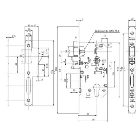 Serrure monopoint à larder D459 urgence axe 50mm T20 bout rond finition inox - VACHETTE - 14510000