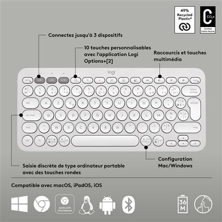 Clavier ordinateur - Sans fil - LOGITECH - K380 Multi Device - Design Compact - Blanc