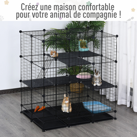 Cage parc enclos rongeurs modulable 3 niv. 4 portes fil métallique noir