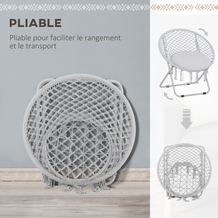 Loveuse fauteuil lune rond de jardin pliable macramé coton polyester gris