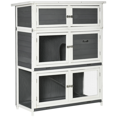 Clapier cage à lapin 2 étages + niveau de rangement bois sapin gris blanc