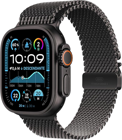 Apple Watch Ultra 2 GPS + Cellular, Boîtier en Titane Noir de 49 mm, Bracelet Milanais Titane Noir - Medium