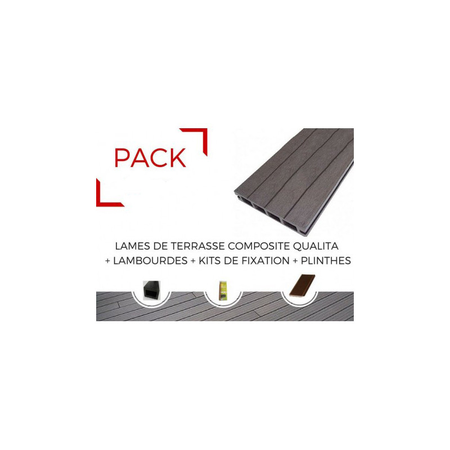 PACK 10 m² lame de terrasse composite Qualita + ACCESSOIRES (3 coloris) 3600MM - Coloris - Gris carbone, Epaisseur - 25mm, Largeur - 14 cm, Longueur - 360 cm, Surface couverte en m² - 10