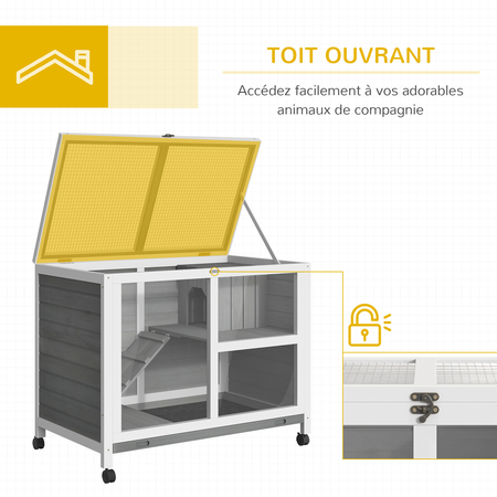 Clapier à lapin sur roulettes 2 niveaux avec niche, plateau excrément