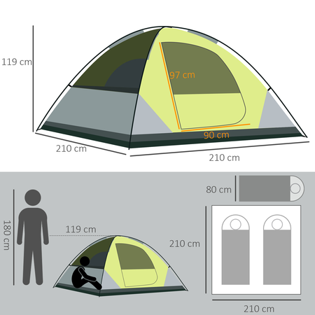 Tente de camping 3 pers. fibre verre polyester gris vert