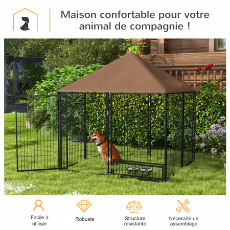 Chenil extérieur pour chien métal noir tissu marron