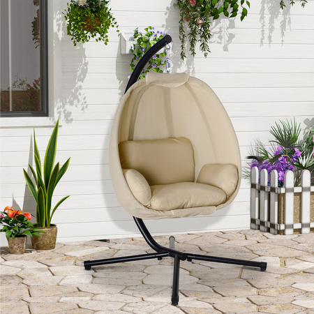 Fauteuil suspendu de jardin pliable métal noir textilène beige