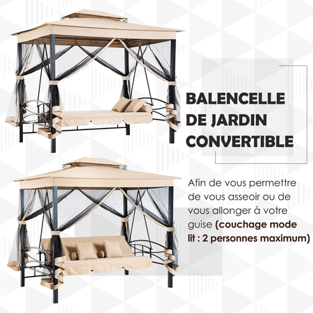 Balancelle de jardin convertible 3 places acier polyester