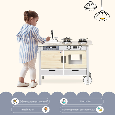Cuisine desserte pour enfant 2 en 1 multi-équipement aspect bois clair gris