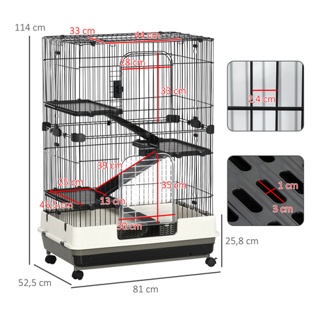 Cage pour cochons d'Inde chinchilla rongeur sur roulettes métal PP noir gris