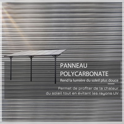 Pergola rigide alu. polycarbonate dim. 4,35L x 3l x 2,7H m adossable grise