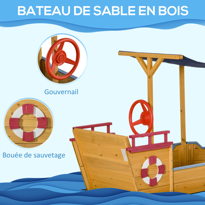 Bac à sable bateau de pirate en bois avec voile d'ombrage