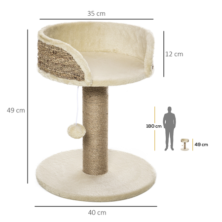 Arbre à chat griffoir 2 niveaux H. 49 cm boule suspendue beige