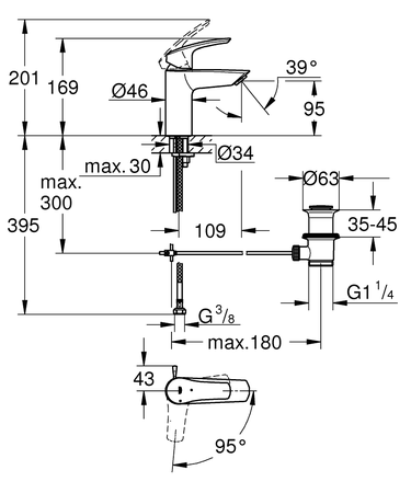 Mitigeur de lavabo EUROSMART monocommande TS GROHE PROFESSIONAL 32926003