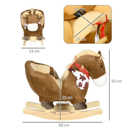 Cheval à bascule cowboy siège ceinture effet sonore bois peluche marron