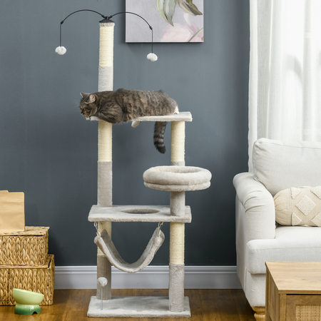 Arbre à chat griffoirs sisal naturel plateforme panier hamac boules peluche gris clair