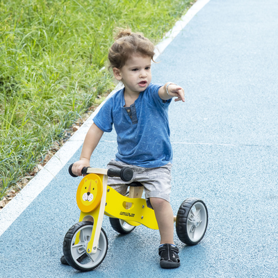 Tricycle draisienne enfant 2 en 1 selle réglable panneaux bois lion jaune