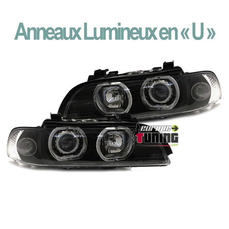 PHARES FEUX AVANTS NOIRS ANNEAUX ANGEL EYES EN U A LEDS BMW SERIE 5 E39 PHASE 1 (03630)