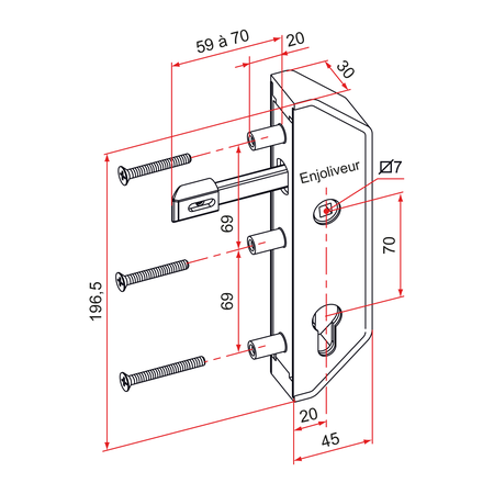 Serrure en retrait GJ pour cadre 40x40mm finition noir - TIRARD - GJ792302