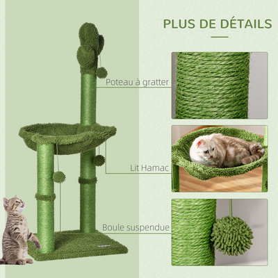 Arbre à chat griffoirs design cactus - hamac, 3 jouets pompons suspendus - vert