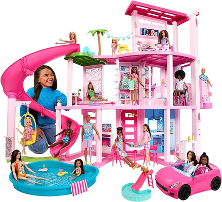 Barbie Coffret Maison de Rêve Poupée Mannequin, Design en Spirale sur 3 Niveaux, 10 Espaces de Vie Inclus Piscine, Toboggan, et Ascenseur