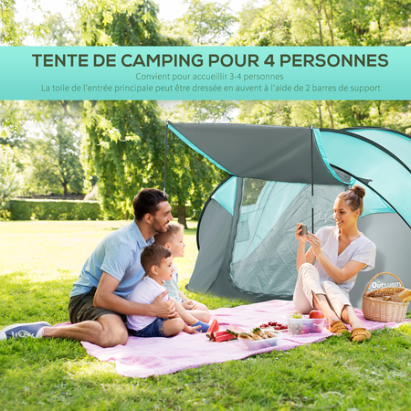 Tente de camping pop-up 3-4 personnes fibre verre polyester bleu gris