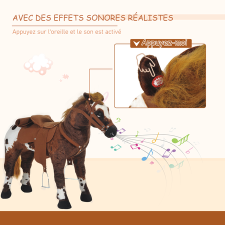 Cheval debout en peluche effets sonores marron blanc