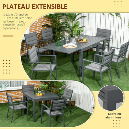 Ensemble de jardin 6 personnes table extensible gris