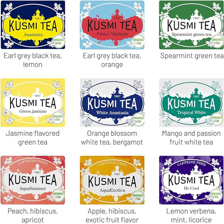 Kusmi Tea - Coffret Kusmi Découverte - Assortiment de Thés Bio - Idée Cadeau Homme et Femme - Thés Noirs, Thés Blancs, Thés Verts et Infusions - 45 Sachets Mousseline de Thés et Infusions Aromatisés