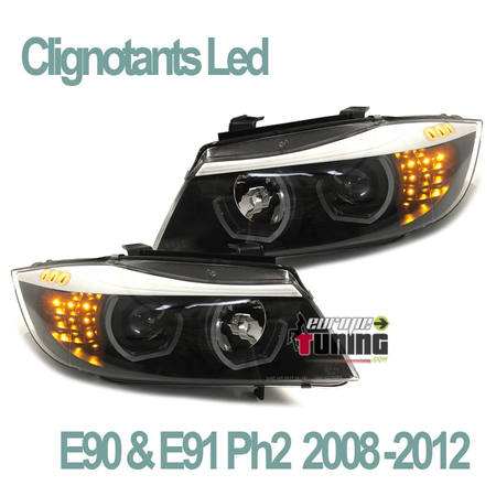 PHARES NOIRS FEUX ANGEL EYES ANNEAUX LED BMW SERIE 3 E90 & E91 PH2 08-12 (03943)