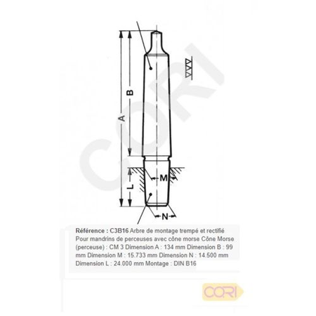 Arbre de montage cône morse 134 mm mandrin de perceuse CM 3 - CORI - C3B16