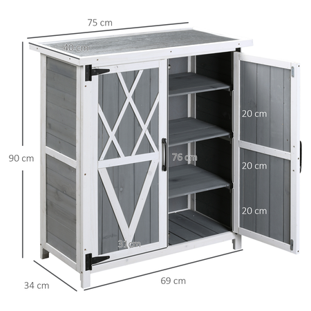 Abri de jardin 3 étagères 2 portes toit tôle bois sapin blanc gris