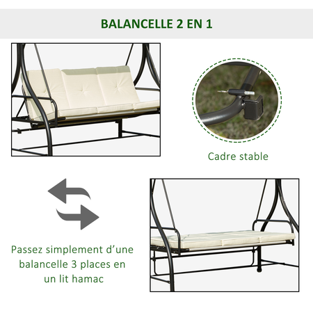 Balancelle de jardin 3 places convertible crème noir