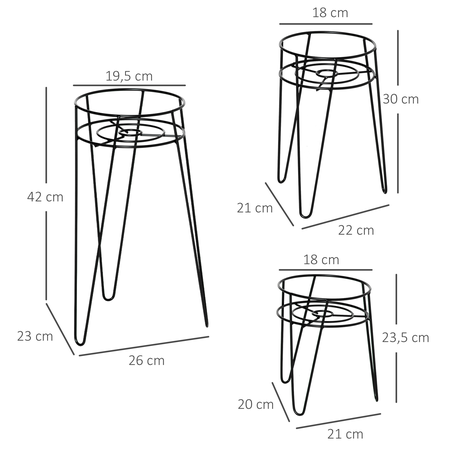 Lot de 3 supports de pots de fleurs design épingle métal noir