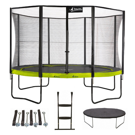 Kangui - Trampoline de jardin 365 cm + filet + échelle + bâche + kit ancrage | PUNCHI Vert.