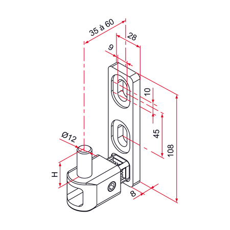 Gond de portail MULTIFIX L à axe réglable de 35 à 60mm pivot diamètre 12mm - TIRARD - NA619002