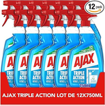 Lot de 12 -Ajax - Spray Produit Nettoyant Vitres Triple Action - Pour des Vitres 100 % Sans Traces et 100 % Transparentes - Nettoie en Profondeur - Formule 3 En 1 - 750ml