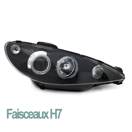 PHARES FEUX AVANTS NOIRS ANNEAUX LED ANGEL EYES PEUGEOT 206 2002-2009 en H7/H7 (12326)