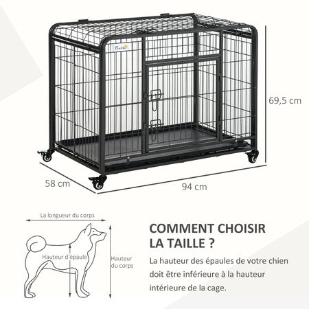 Cage chiens pliable sur roulettes 2 portes verrouillables métal gris noir