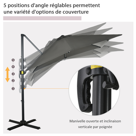 Parasol déporté carré inclinable dim. 2,45L x 2,45l x 2,45H m