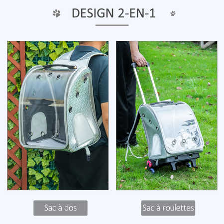 Sac à dos trolley chariot sur roulettes 2 en 1 pour chien chat gris