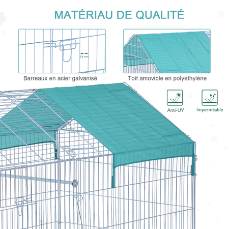 Parc enclos acier cage extérieure 3 portes et trappe surface abrité PE