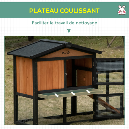 Clapier cage à lapins 2 niveaux 3 portes toit intégral sapin orangée noir