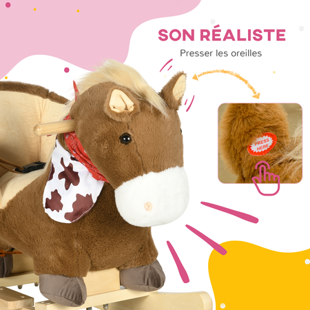 Cheval à bascule cowboy siège ceinture effet sonore bois peluche marron