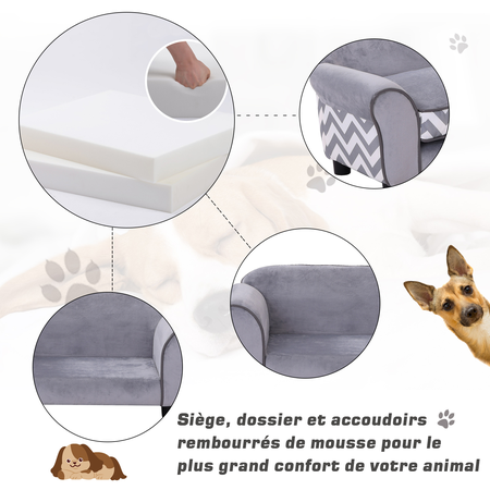 Canapé chien chat sur pied style graphique gris blanc