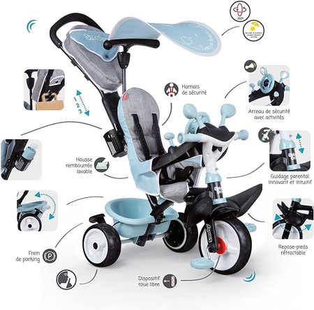 Smoby - Tricycle Baby Driver Plus Bleu - Vélo Evolutif Enfant