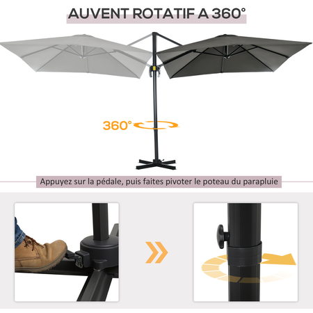 Parasol déporté carré inclinable dim. 2,45L x 2,45l x 2,45H m